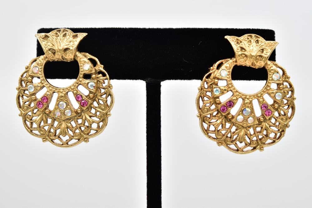 1928 Vintage Earrings Gold Filigree Pink AB Rhinestone Victorian Revival Bin5